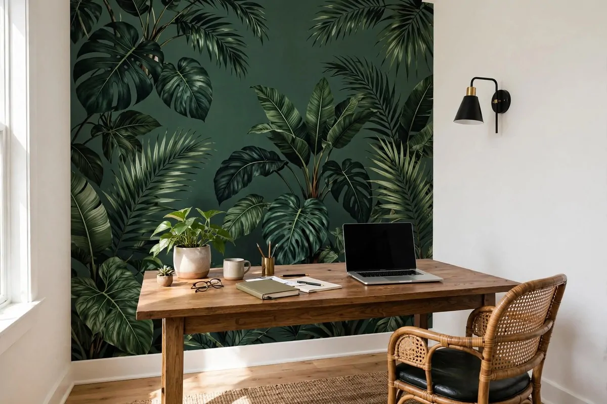 23 Office Ideas for Work That Make Your Desk Feel Like Home 18 Office with bold botanical wallpaper wall behind desk