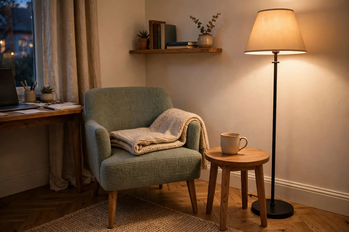 23 Office Ideas for Work That Make Your Desk Feel Like Home 19 Armchair with side table and floor lamp in office corner