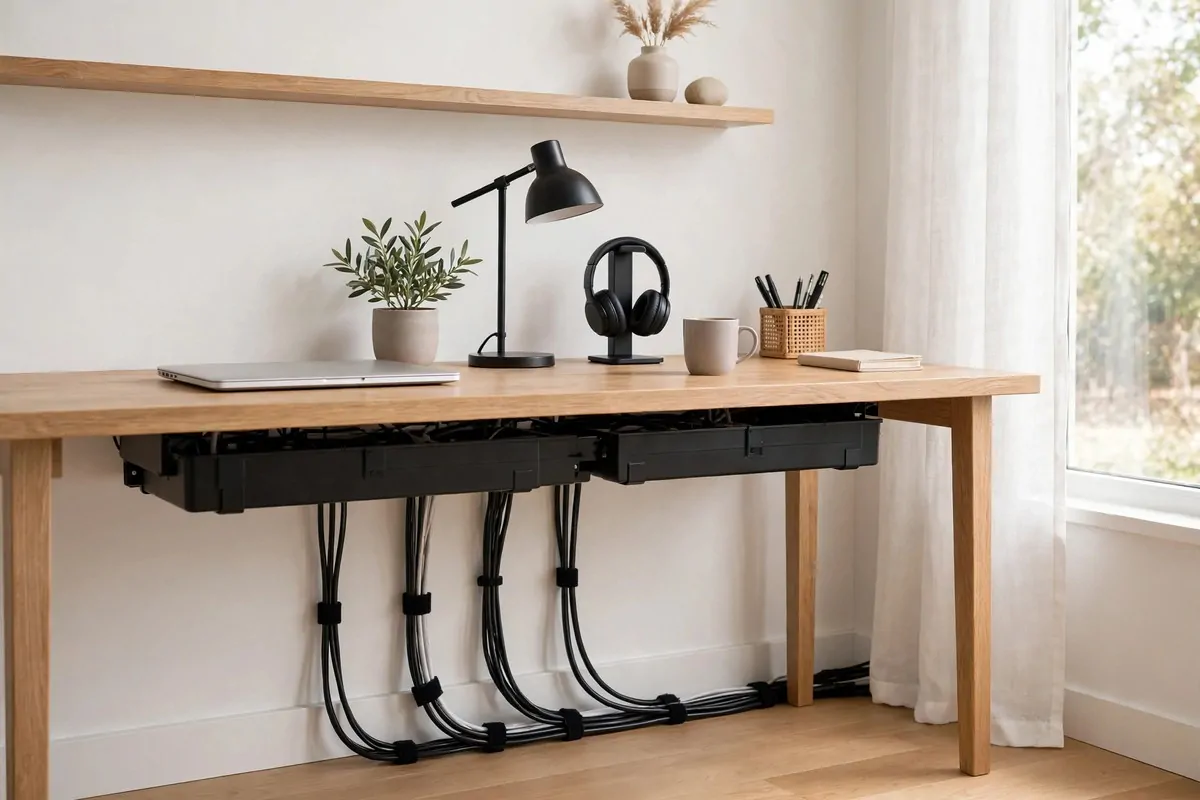 23 Office Ideas for Work That Make Your Desk Feel Like Home 20 Desk with cable management box and neatly routed wires