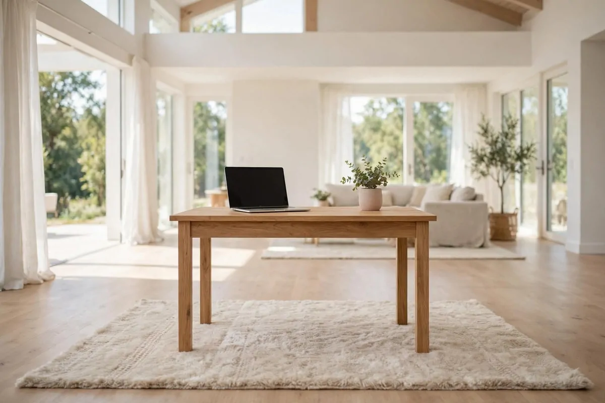23 Office Ideas for Work That Make Your Desk Feel Like Home 21 Desk on rug in middle of room facing into the room