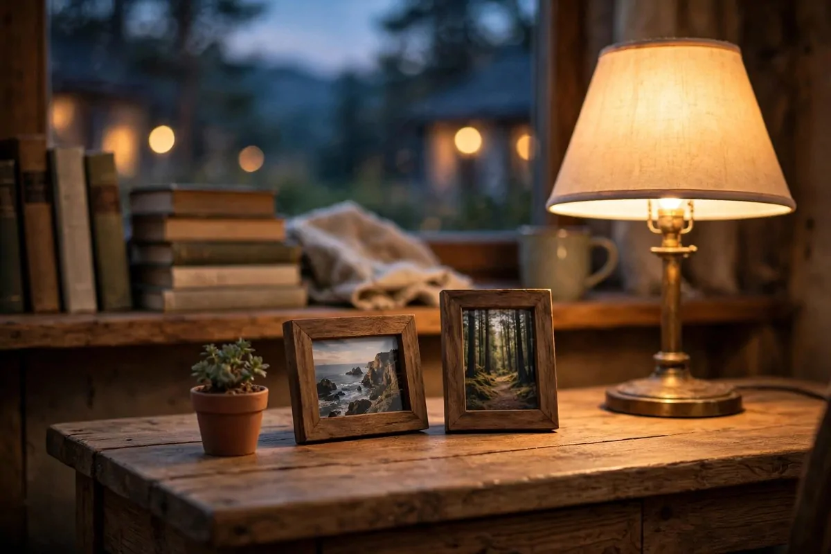23 Office Ideas for Work That Make Your Desk Feel Like Home 22 Desk with two framed photos, small plant and warm lamplight