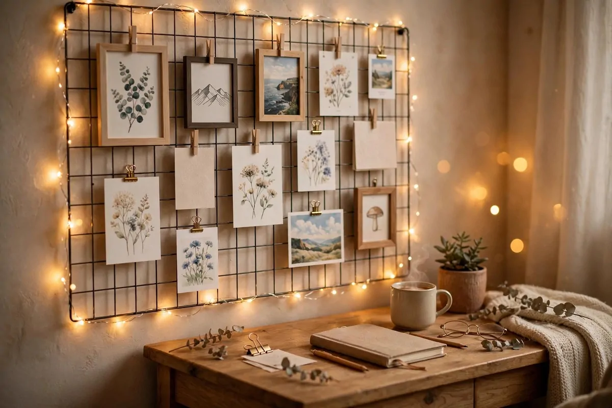 23 Office Ideas for Work That Make Your Desk Feel Like Home 23 Wall grid of postcards and framed quotes with fairy lights near desk