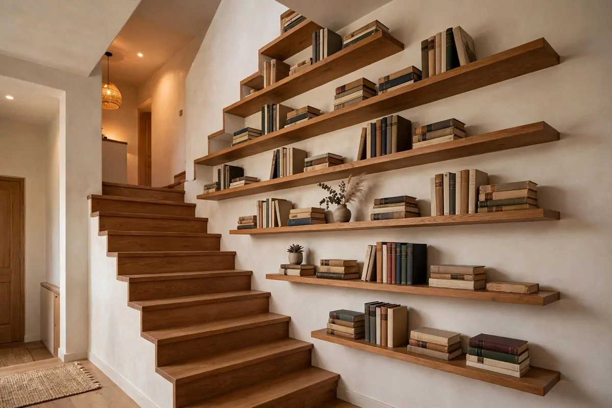 23 Small Home Library Ideas for Book Lovers With Little Space 1 Wooden bookshelf mounted above a doorway filled with rows of books