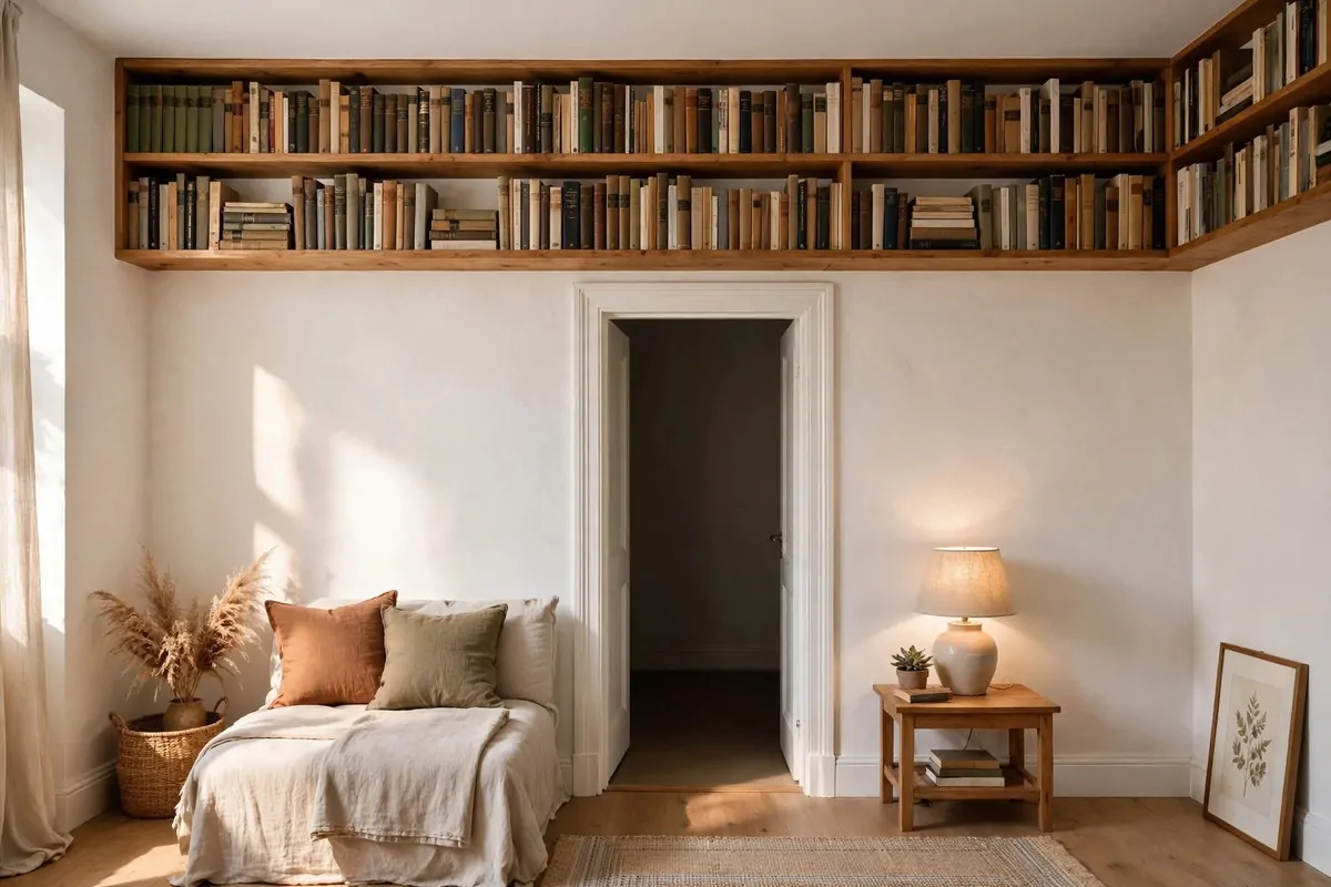 23 Small Home Library Ideas for Book Lovers With Little Space 2 Floating shelves stepping up along a staircase wall holding books