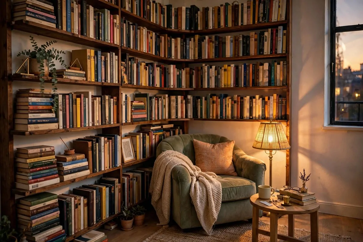 23 Small Home Library Ideas for Book Lovers With Little Space 3 Shelves suspended from a hallway ceiling on cables holding paperback books