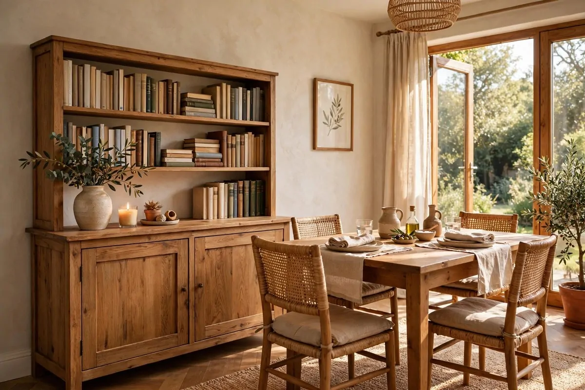 23 Small Home Library Ideas for Book Lovers With Little Space 10 Dining room sideboard with open shelves filled with books