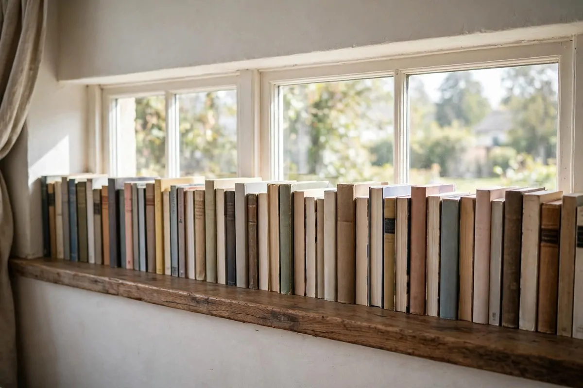23 Small Home Library Ideas for Book Lovers With Little Space 12 Open kitchen shelf with a row of cookbooks above the counter
