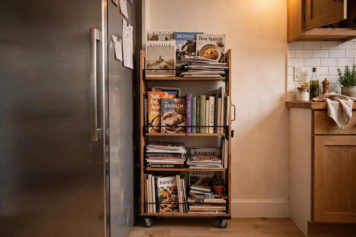23 Small Home Library Ideas for Book Lovers With Little Space 13 Slim pull-out bookshelf on wheels in the narrow gap beside a fridge