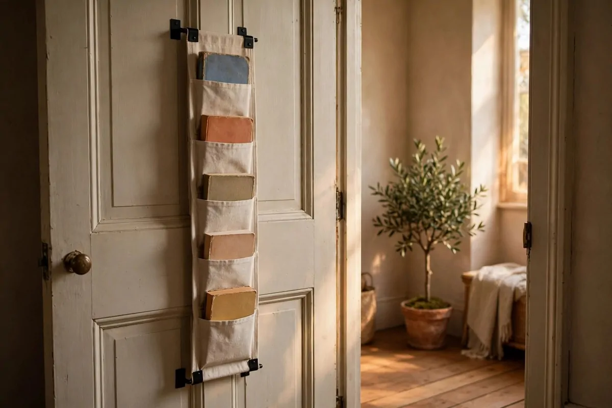 23 Small Home Library Ideas for Book Lovers With Little Space 19 Fabric bedside caddy hanging on a bed holding a book and reading glasses