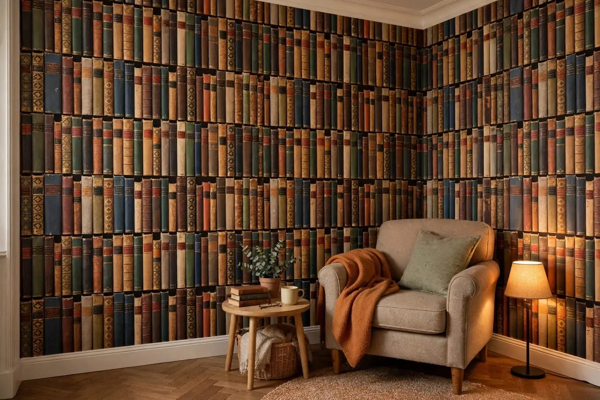 23 Small Home Library Ideas for Book Lovers With Little Space 22 Reading corner with trompe l'oeil wallpaper printed to look like old book spines