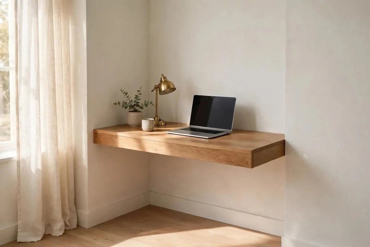 23 Small Office Room Ideas That Make Every Inch Count 1 Floating wall-mounted desk in a bright small office corner