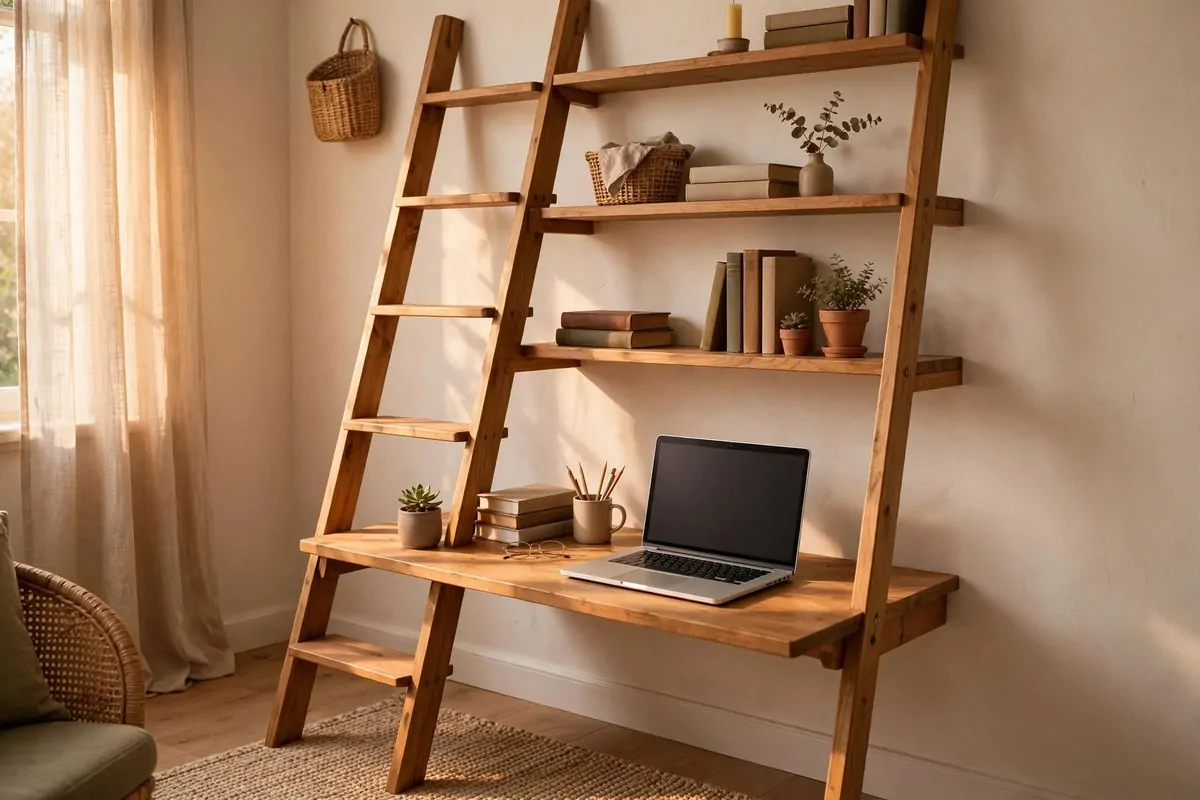 23 Small Office Room Ideas That Make Every Inch Count 3 Ladder desk with shelves leaning against a wall