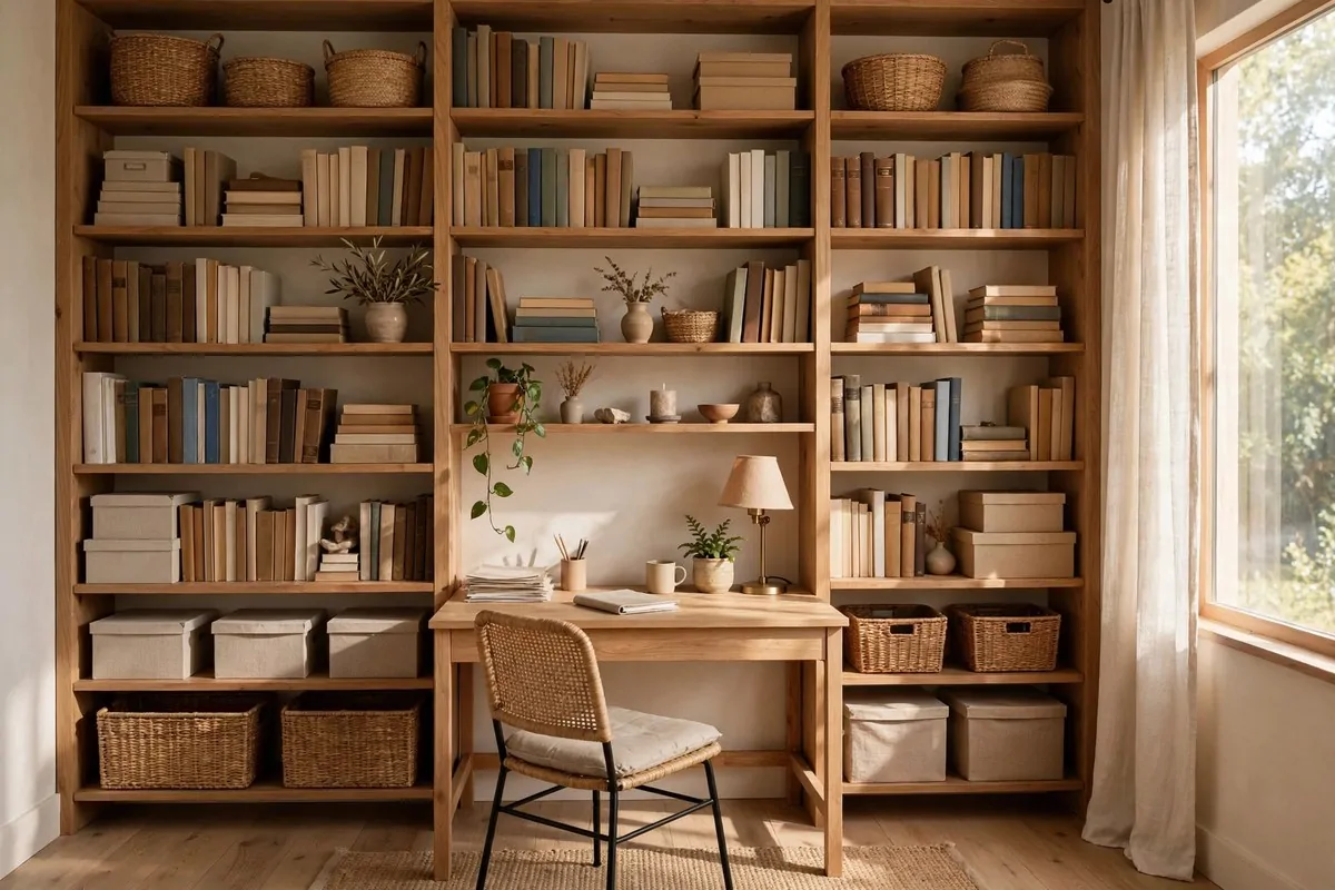 23 Small Office Room Ideas That Make Every Inch Count 4 Floor-to-ceiling open shelves filled with books and boxes