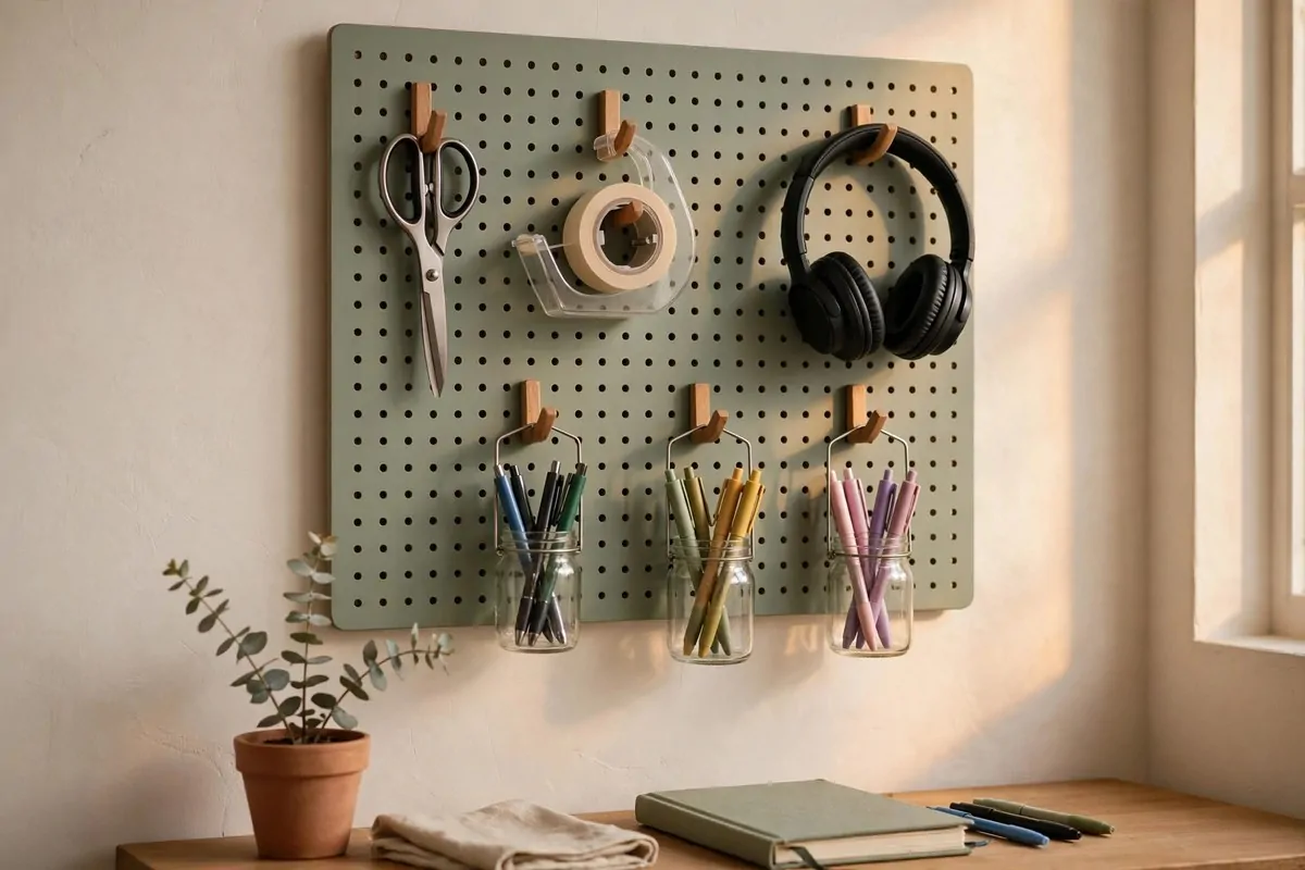 23 Small Office Room Ideas That Make Every Inch Count 5 Pegboard wall with hanging office tools and supplies