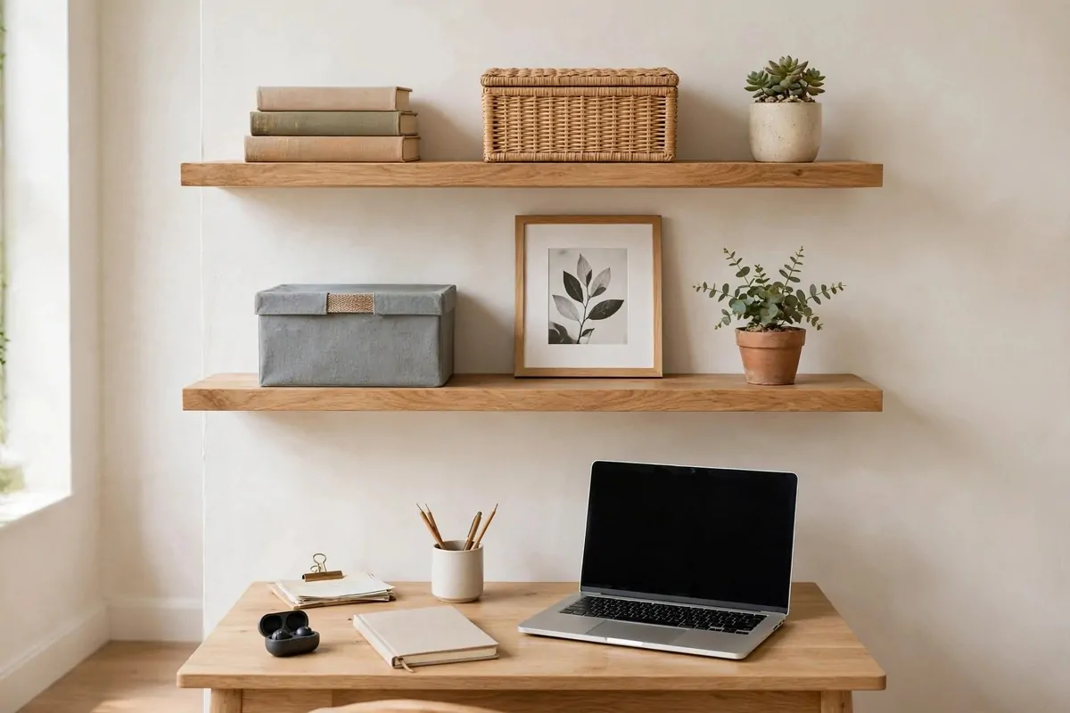 23 Small Office Room Ideas That Make Every Inch Count 6 Two floating shelves mounted above a small desk