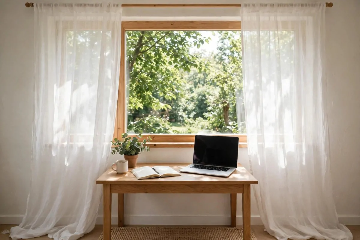 23 Small Office Room Ideas That Make Every Inch Count 7 Small desk placed under a bright window with sheer curtains