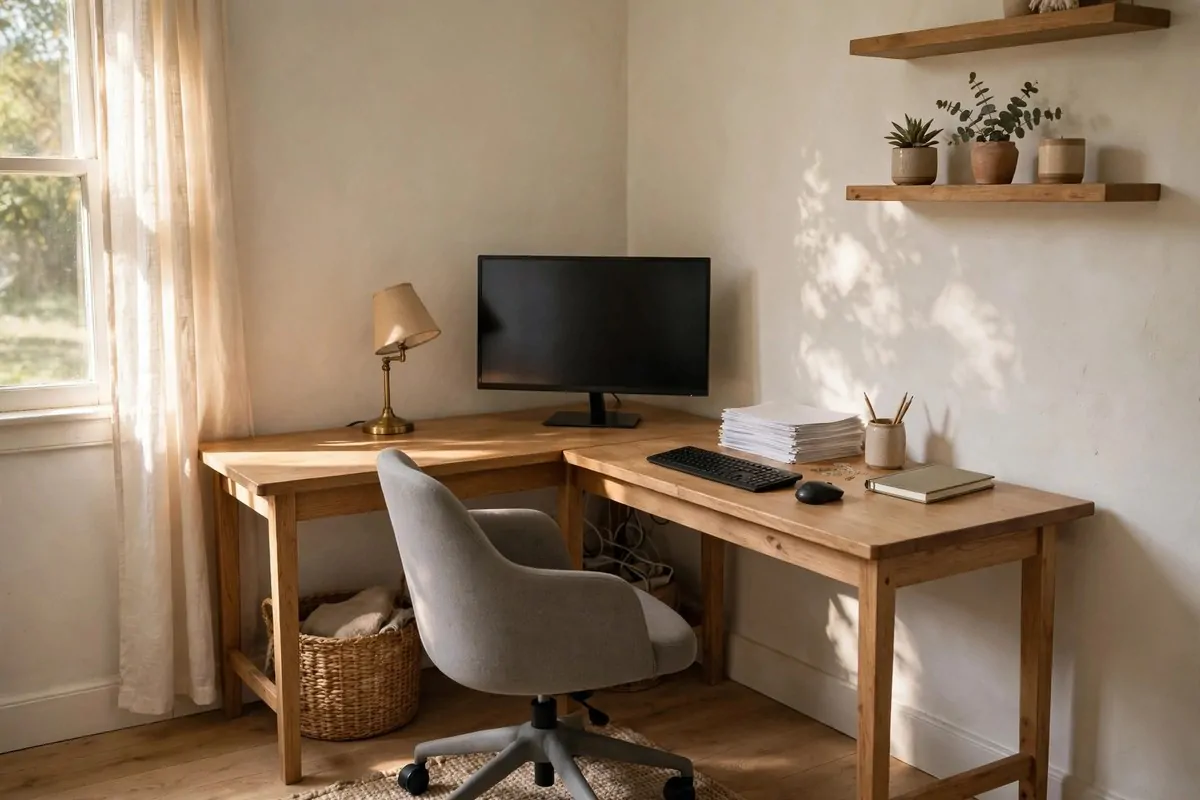 23 Small Office Room Ideas That Make Every Inch Count 8 L-shaped corner desk with monitor in a small office