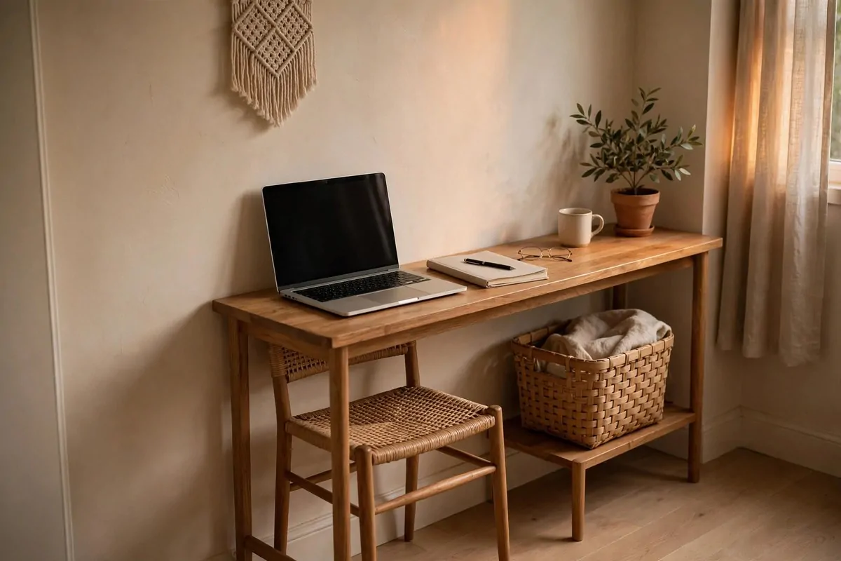 23 Small Office Room Ideas That Make Every Inch Count 9 Slim console table used as a desk against a long wall