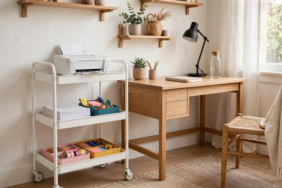 23 Small Office Room Ideas That Make Every Inch Count 10 Three-tier rolling cart with office supplies next to a desk