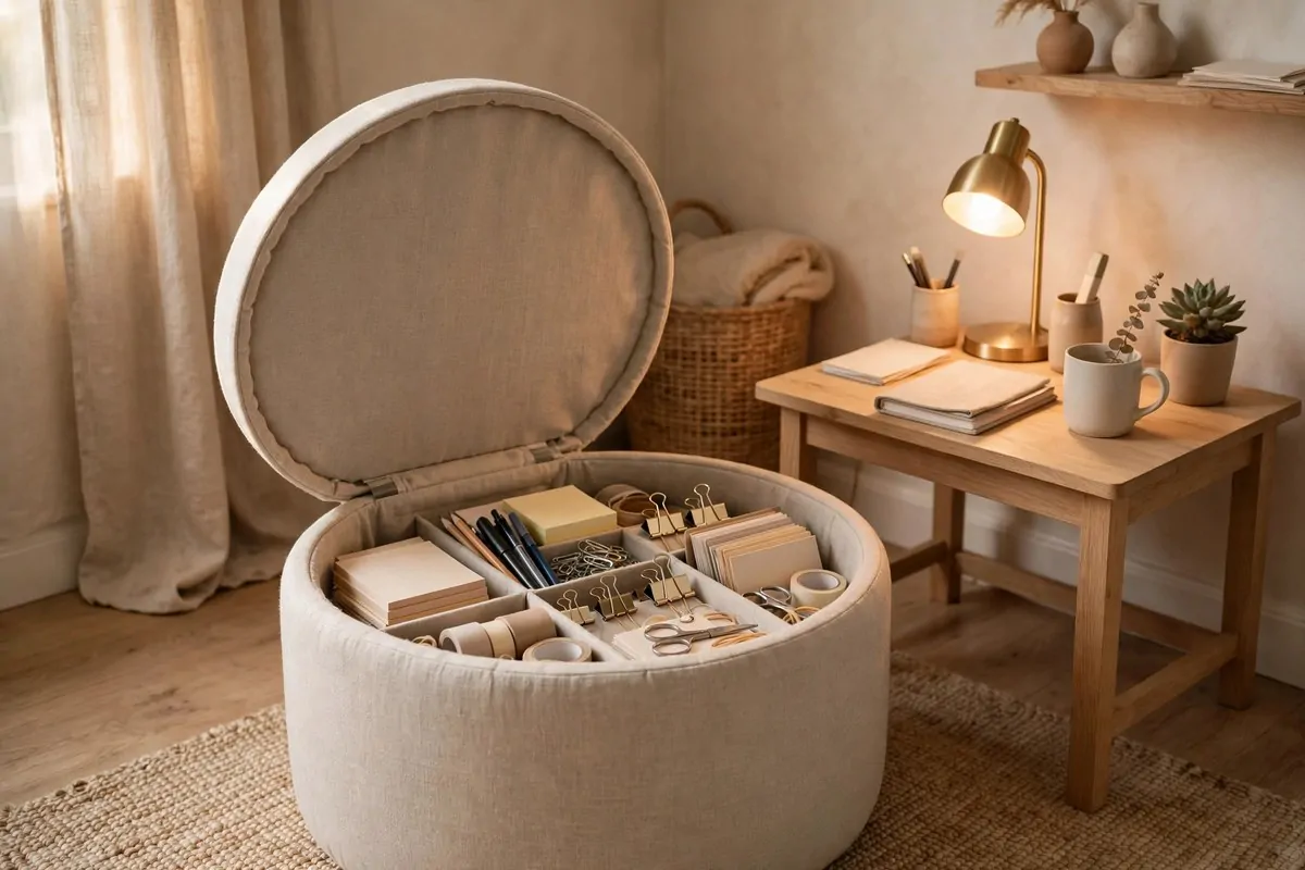 23 Small Office Room Ideas That Make Every Inch Count 11 Storage ottoman with open lid showing office supplies inside