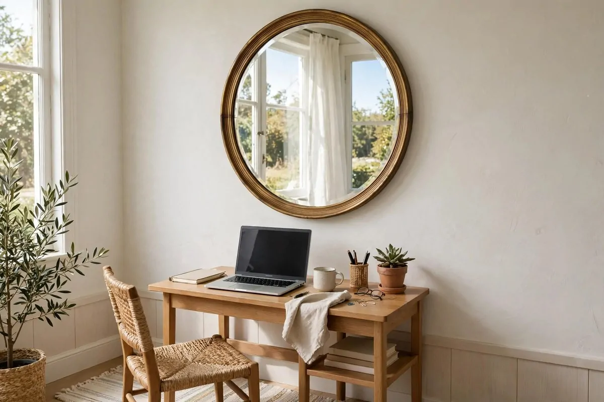 23 Small Office Room Ideas That Make Every Inch Count 12 Round mirror on a wall reflecting window light in an office