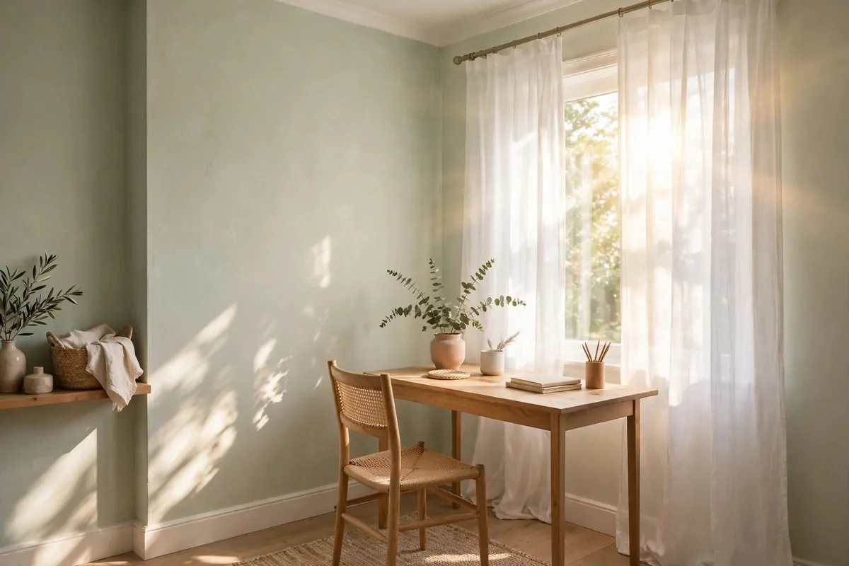 23 Small Office Room Ideas That Make Every Inch Count 13 Small office with pale walls and sheer white curtains