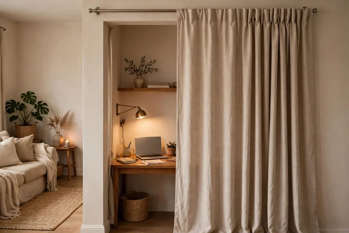 23 Small Office Room Ideas That Make Every Inch Count 14 Fabric curtain on a ceiling track hiding an office zone