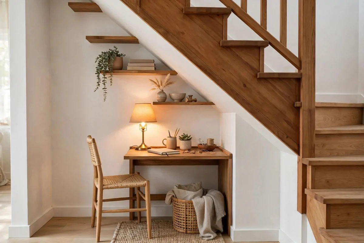 23 Small Office Room Ideas That Make Every Inch Count 15 Compact desk tucked under a staircase with a warm lamp