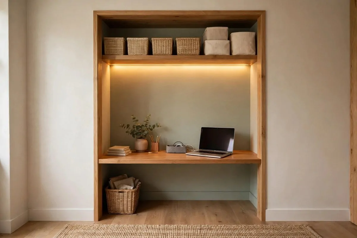 23 Small Office Room Ideas That Make Every Inch Count 16 Small closet converted into an office with desk and shelves