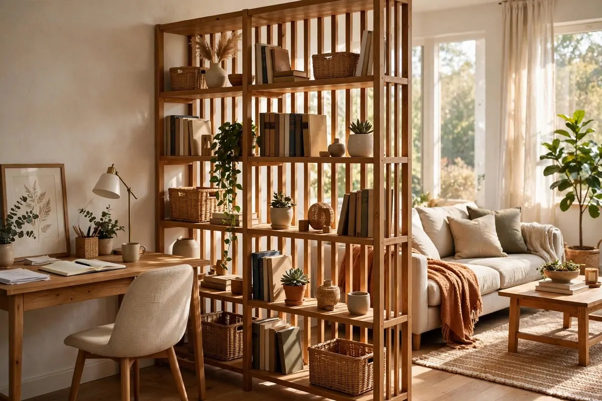 23 Small Office Room Ideas That Make Every Inch Count 17 Open bookshelf used as a room divider in a small office