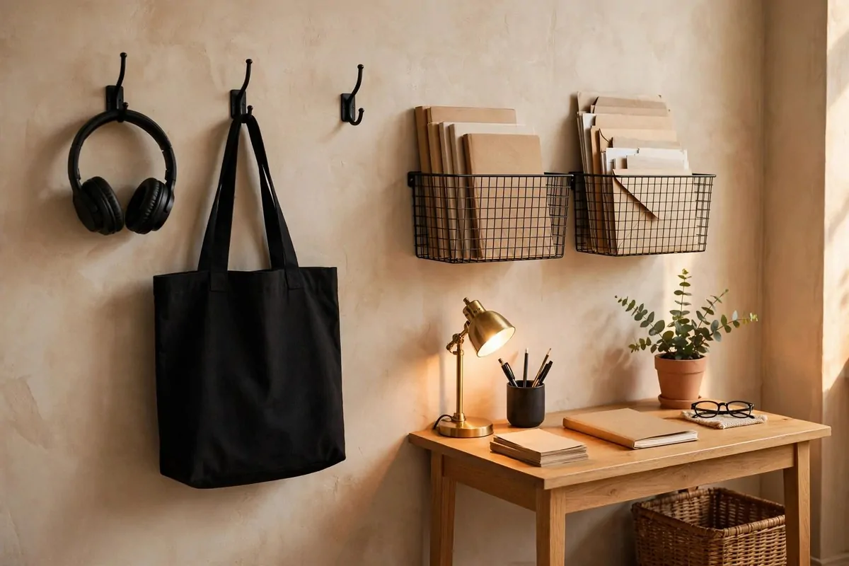 23 Small Office Room Ideas That Make Every Inch Count 18 Wall hooks and wire baskets holding supplies beside a desk