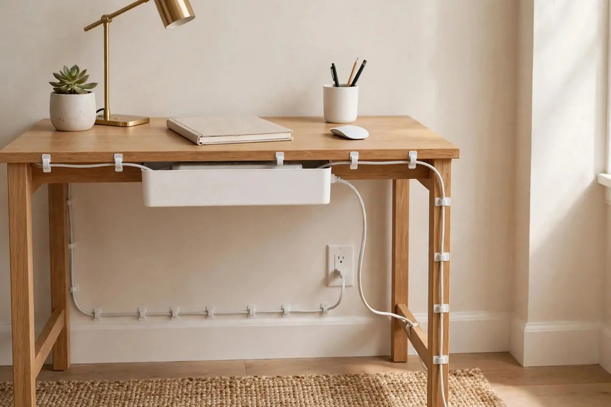 23 Small Office Room Ideas That Make Every Inch Count 20 Tidy under-desk cable box with hidden cords in a small office