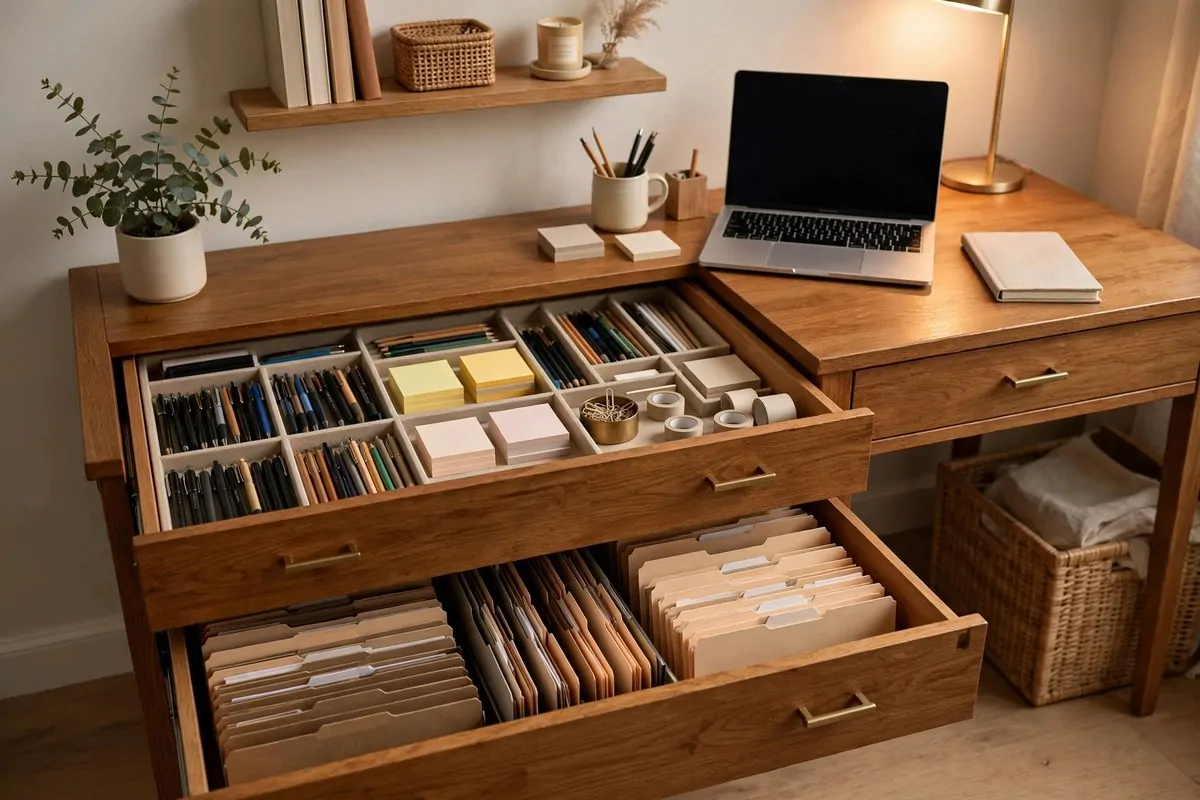23 Small Office Room Ideas That Make Every Inch Count 21 Desk with open deep drawers showing neat organizers