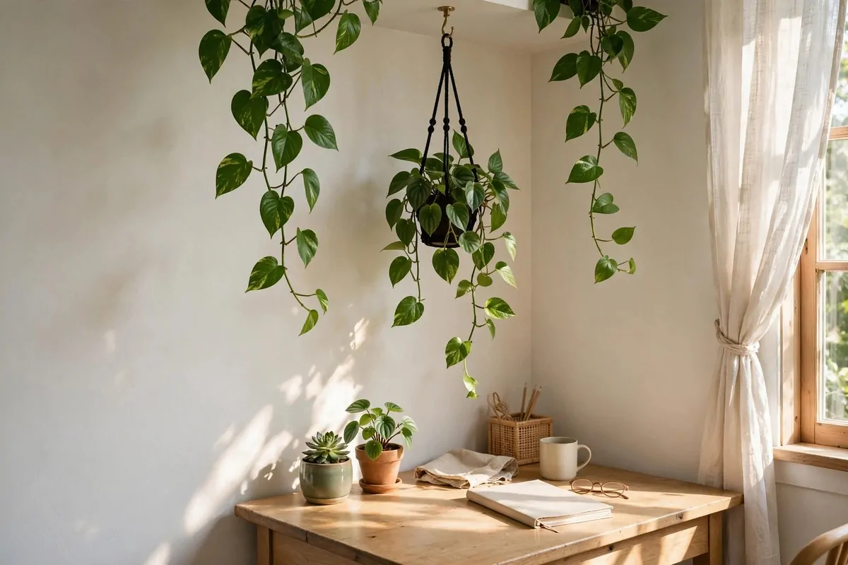 23 Small Office Room Ideas That Make Every Inch Count 22 Small office corner with a hanging plant and potted greenery