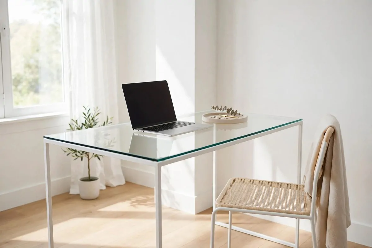 23 Small Office Room Ideas That Make Every Inch Count 23 Glass-top desk in a bright small office with white walls
