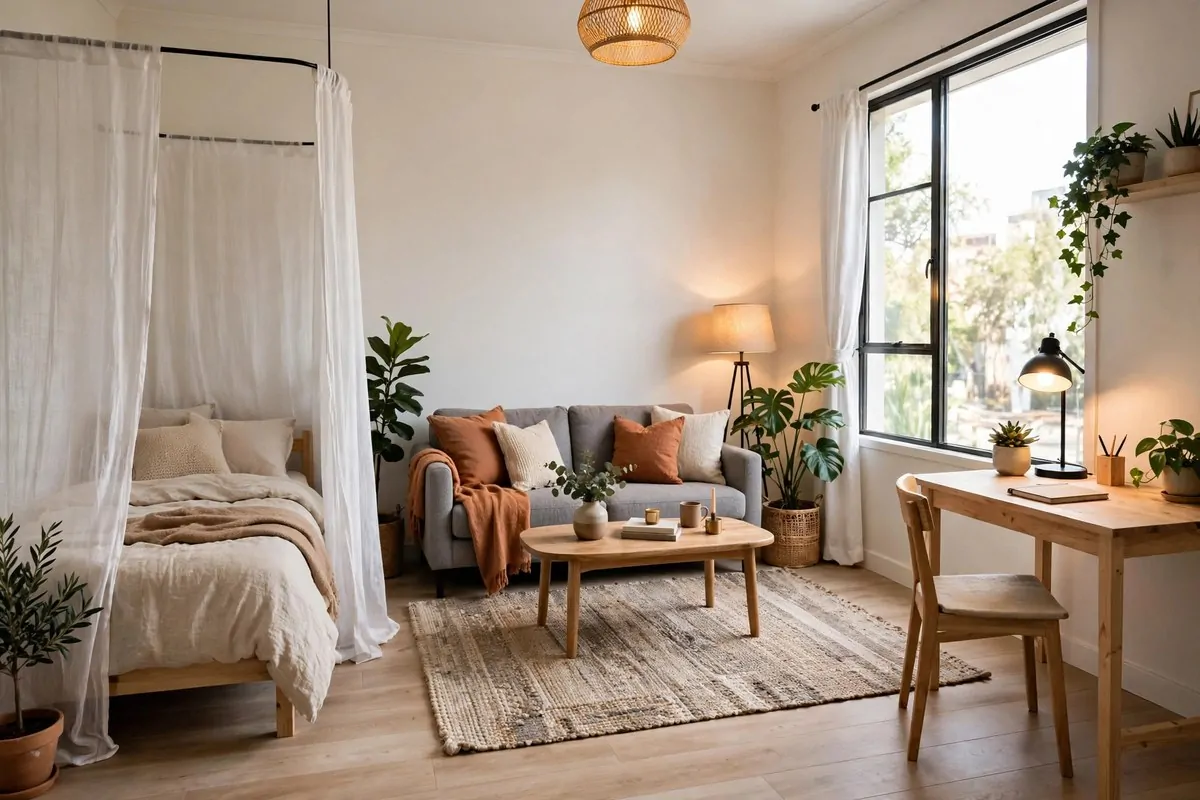 A bright studio apartment with a curtained bed zone, a sofa on a rug and a desk by a large window