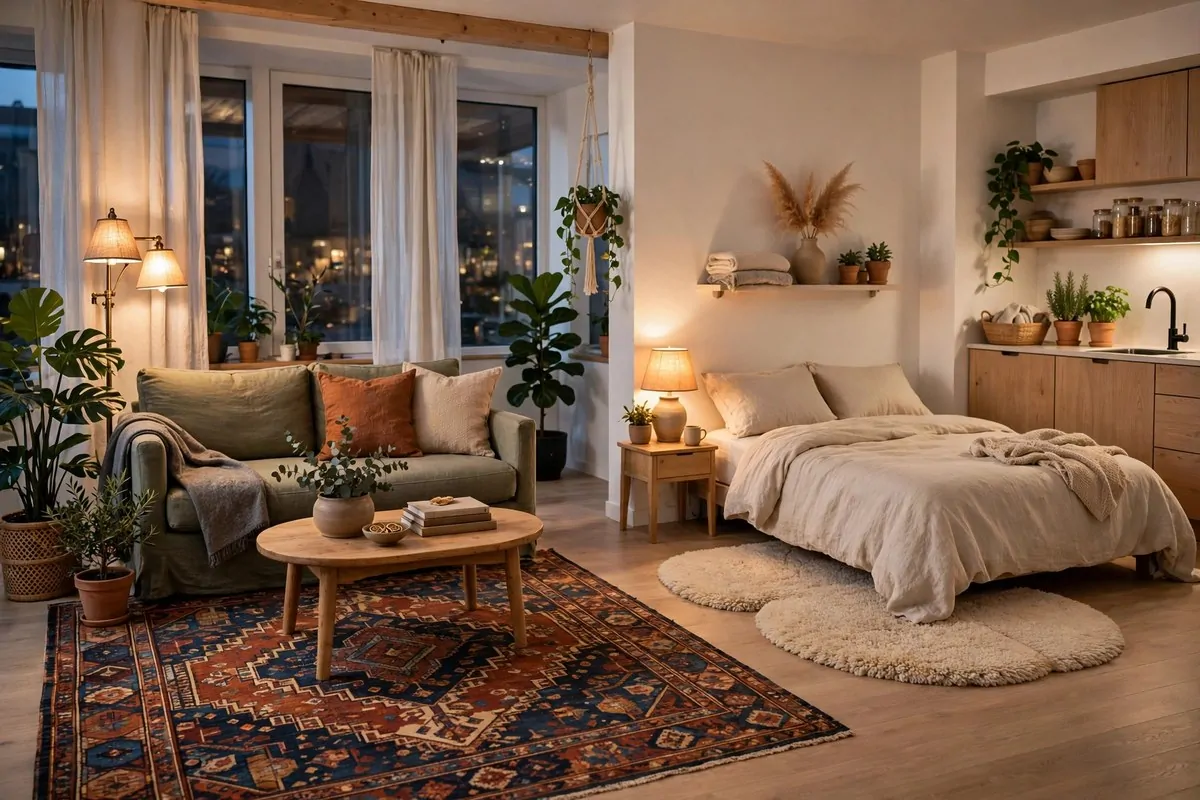 23 Studio Living Tricks for Making One Room Feel Like Many 1 A sofa on a large rug and a bed area on a smaller rug marking two zones in one open room