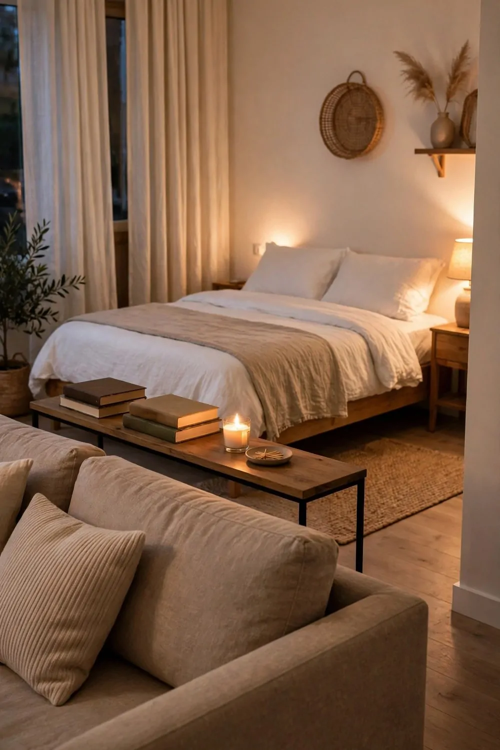 23 Studio Living Tricks for Making One Room Feel Like Many 2 A sofa with its back to a neatly made bed, dividing a studio apartment into two zones