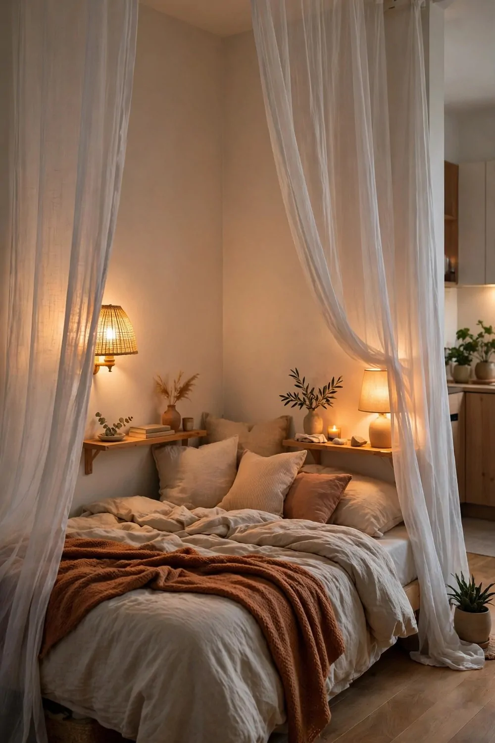 23 Studio Living Tricks for Making One Room Feel Like Many 3 A bed tucked in a corner behind sheer ceiling curtains with warm lamps on both sides