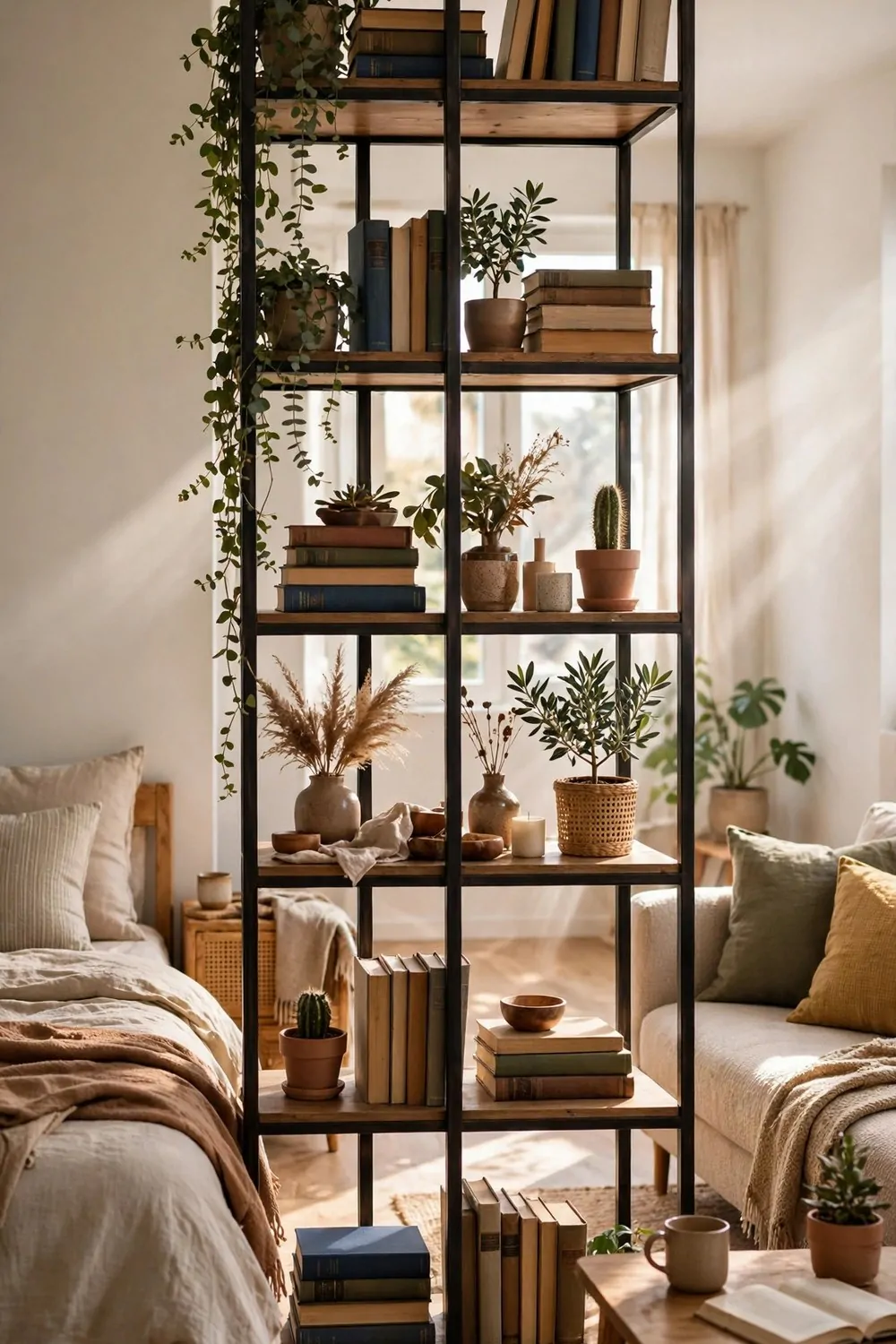 23 Studio Living Tricks for Making One Room Feel Like Many 4 A tall open bookshelf dividing a bed area from a sofa area in a studio apartment