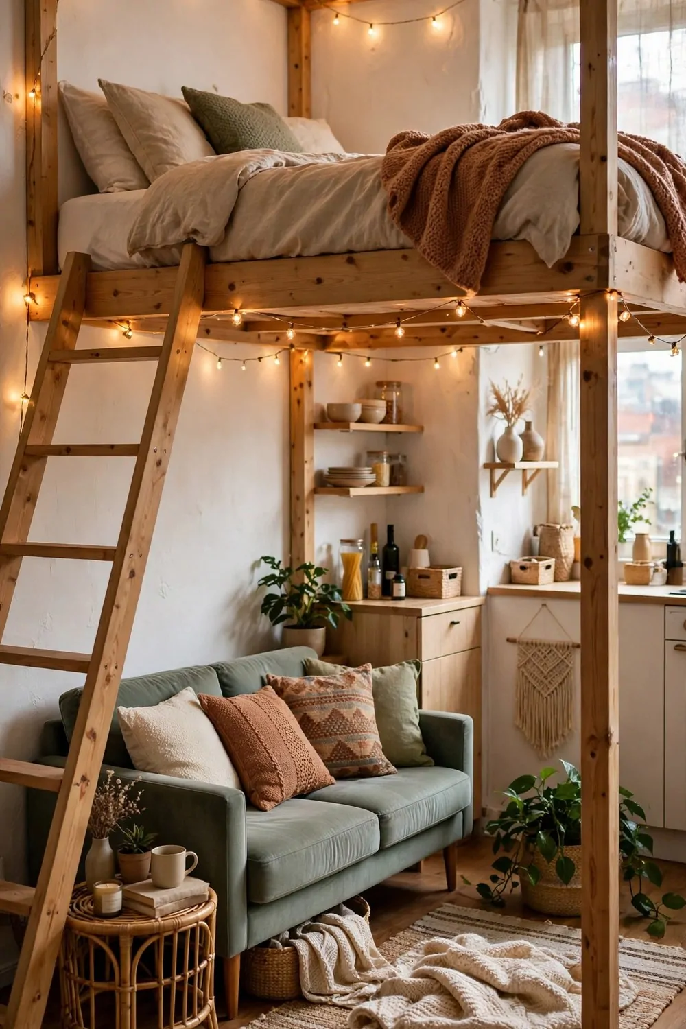 23 Studio Living Tricks for Making One Room Feel Like Many 5 A loft bed with a small lounge and sofa underneath in a studio apartment