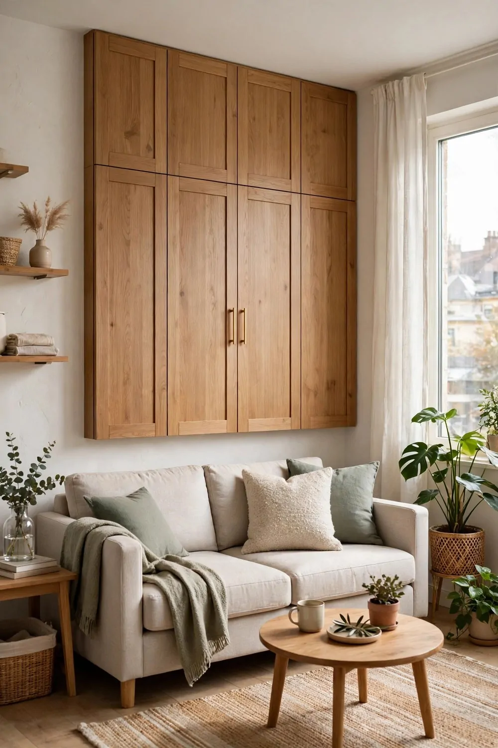23 Studio Living Tricks for Making One Room Feel Like Many 6 A fold-down wall bed cabinet with a sofa in front of it in a bright studio apartment