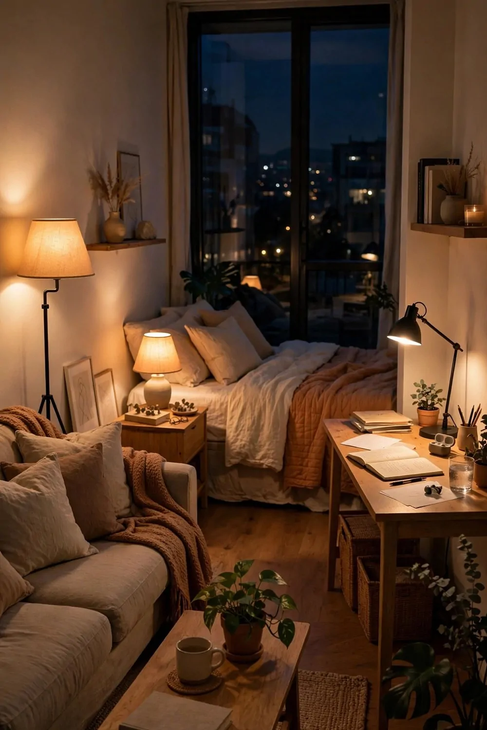 23 Studio Living Tricks for Making One Room Feel Like Many 7 A studio apartment at night with a warm lamp glowing in each zone