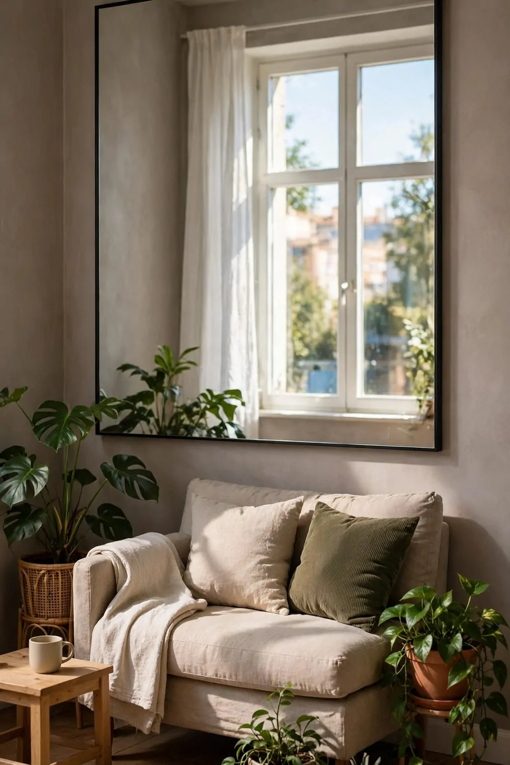 23 Studio Living Tricks for Making One Room Feel Like Many 8 A large mirror across from a bright window reflecting daylight in a small studio apartment