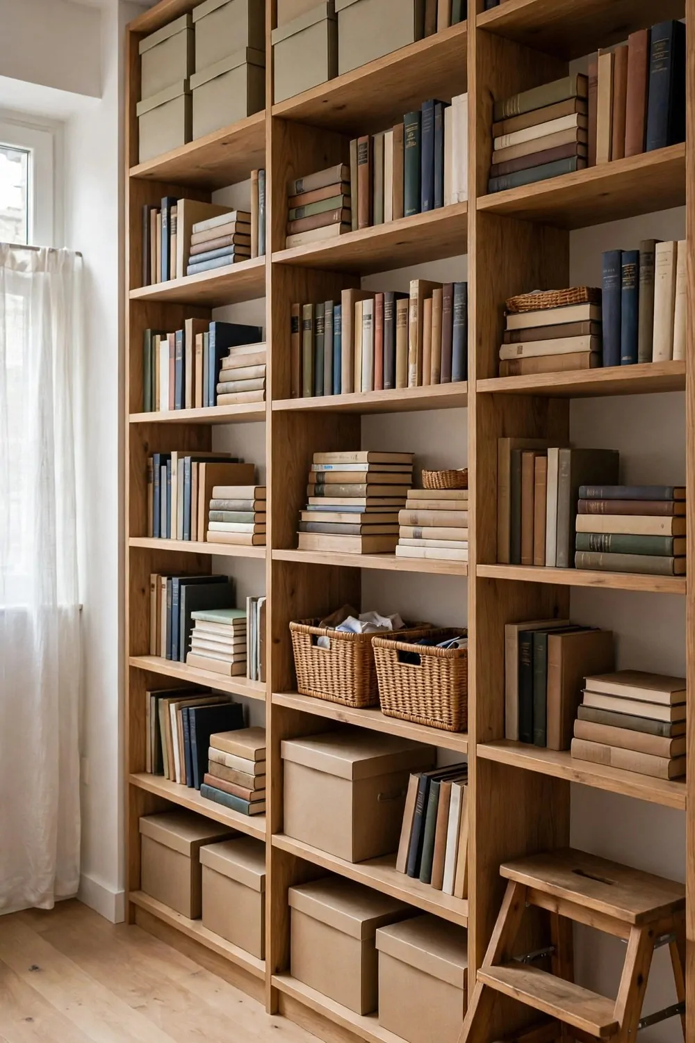 23 Studio Living Tricks for Making One Room Feel Like Many 9 Tall shelves reaching the ceiling with tidy boxes and books in a studio apartment