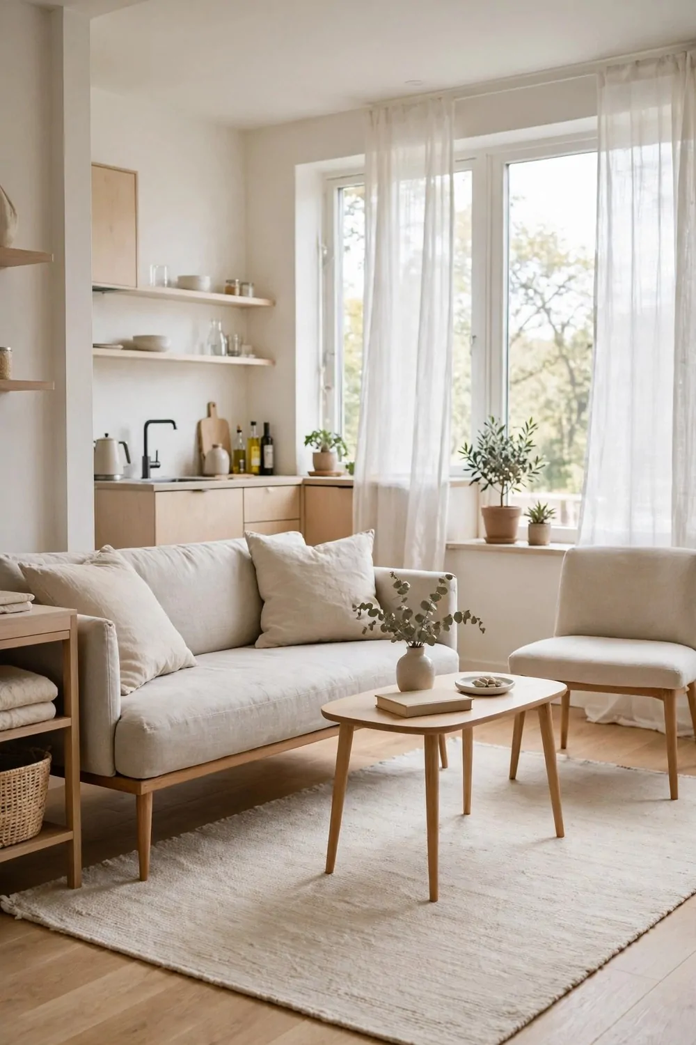 23 Studio Living Tricks for Making One Room Feel Like Many 10 Slim-legged sofa and table with visible floor underneath in a light studio apartment