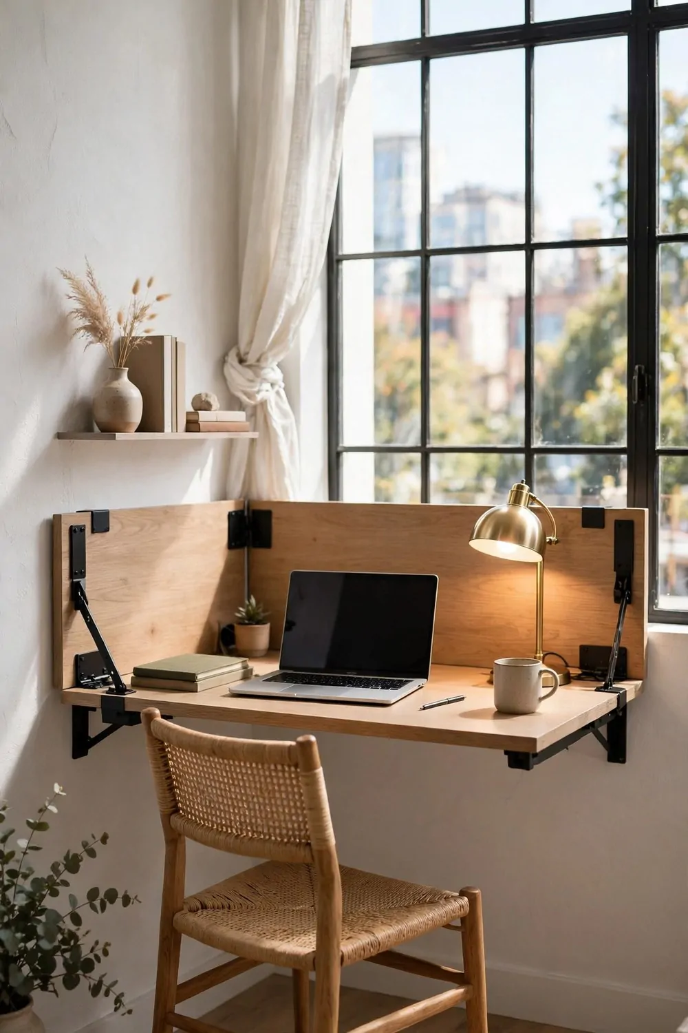 23 Studio Living Tricks for Making One Room Feel Like Many 11 A fold-down wall desk by a bright window with a laptop and small lamp