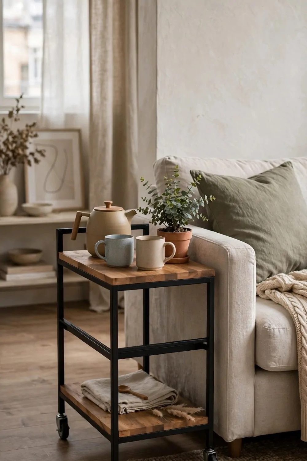 23 Studio Living Tricks for Making One Room Feel Like Many 12 A small rolling cart with a teapot, mugs and a plant beside a sofa in a studio apartment