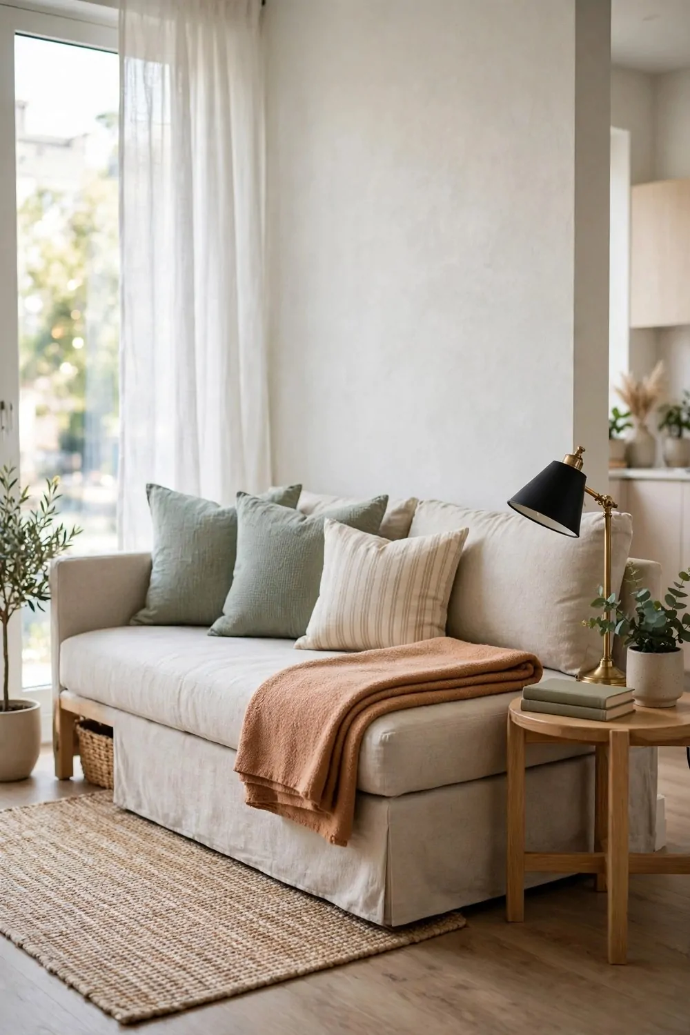 23 Studio Living Tricks for Making One Room Feel Like Many 13 A tidy daybed with cushions and a throw styled as a sofa in a bright studio apartment