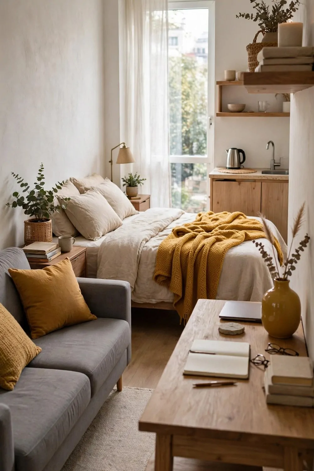 23 Studio Living Tricks for Making One Room Feel Like Many 14 A studio apartment with one warm mustard color repeated in cushions, a throw and a vase